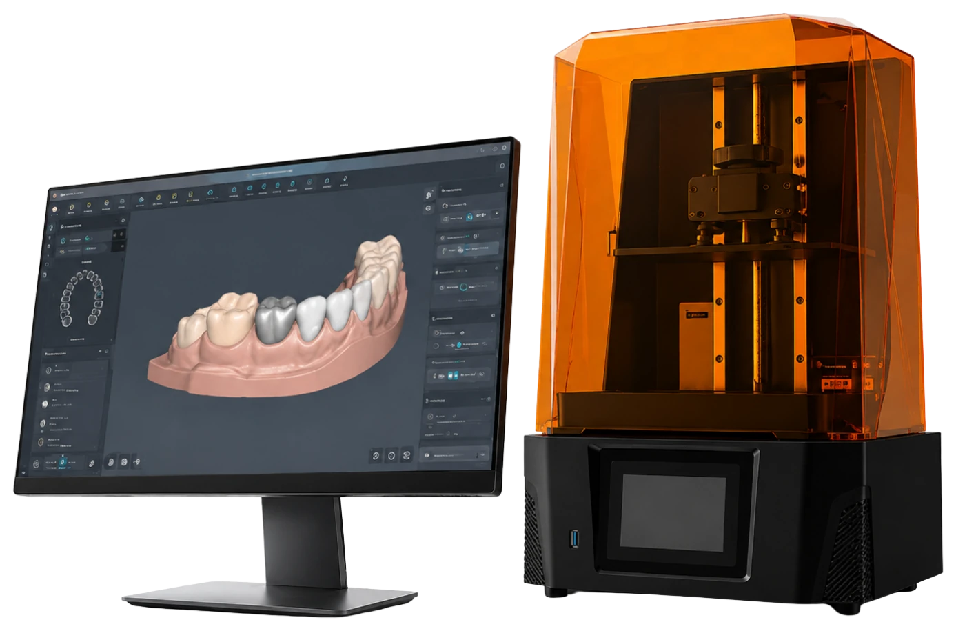 Monitor com projeto odontológico digital ao lado de uma impressora 3D